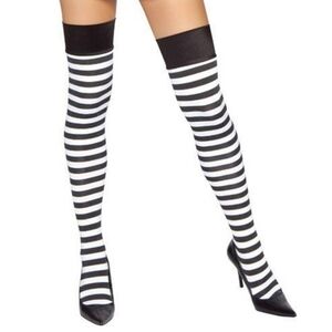 NWT Black White Striped Thigh High Stockings Halloween Costume Witch Socks New